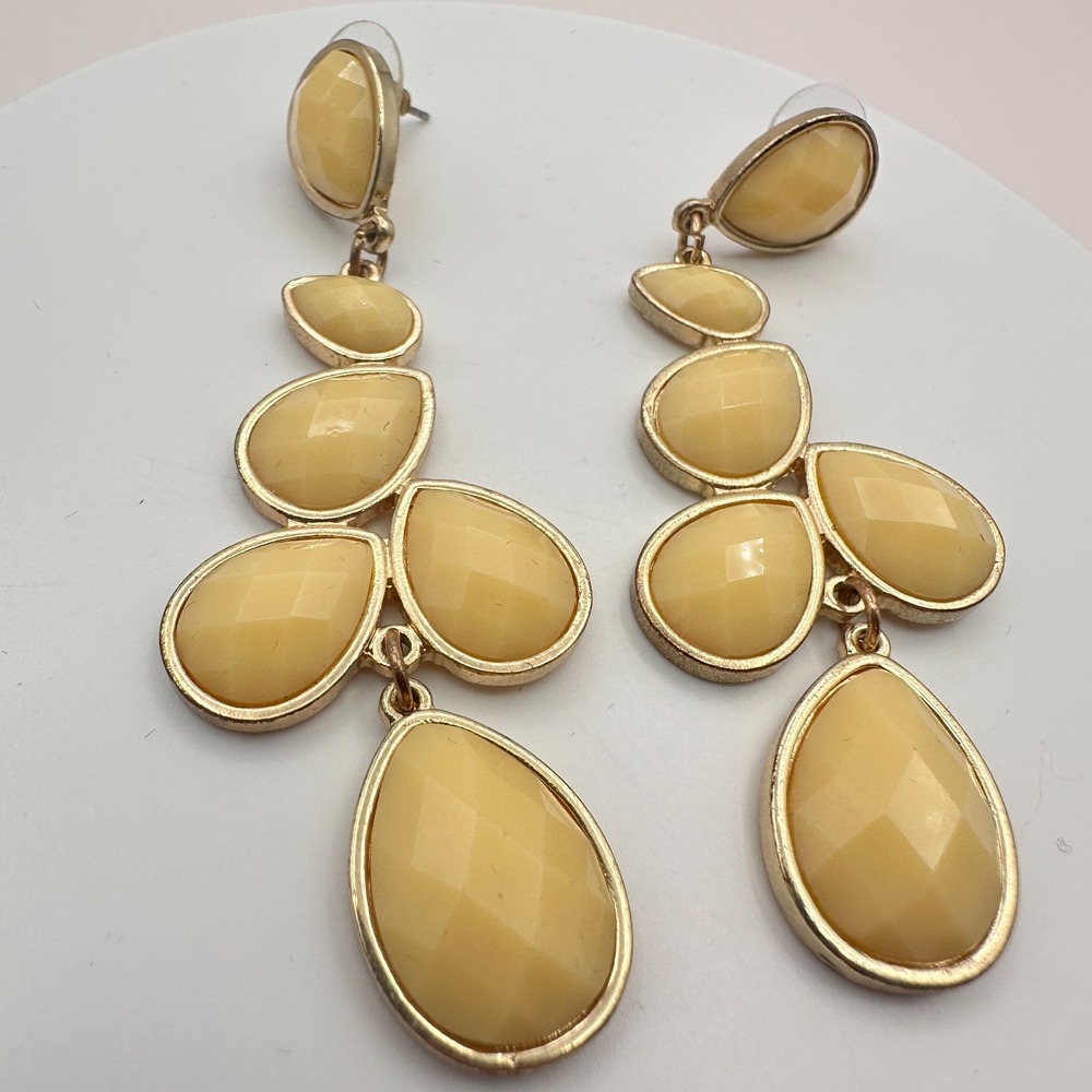 Vintage 80s 90s Gold Tone Yellow Glass Teardrop Dangle Earrings Boho